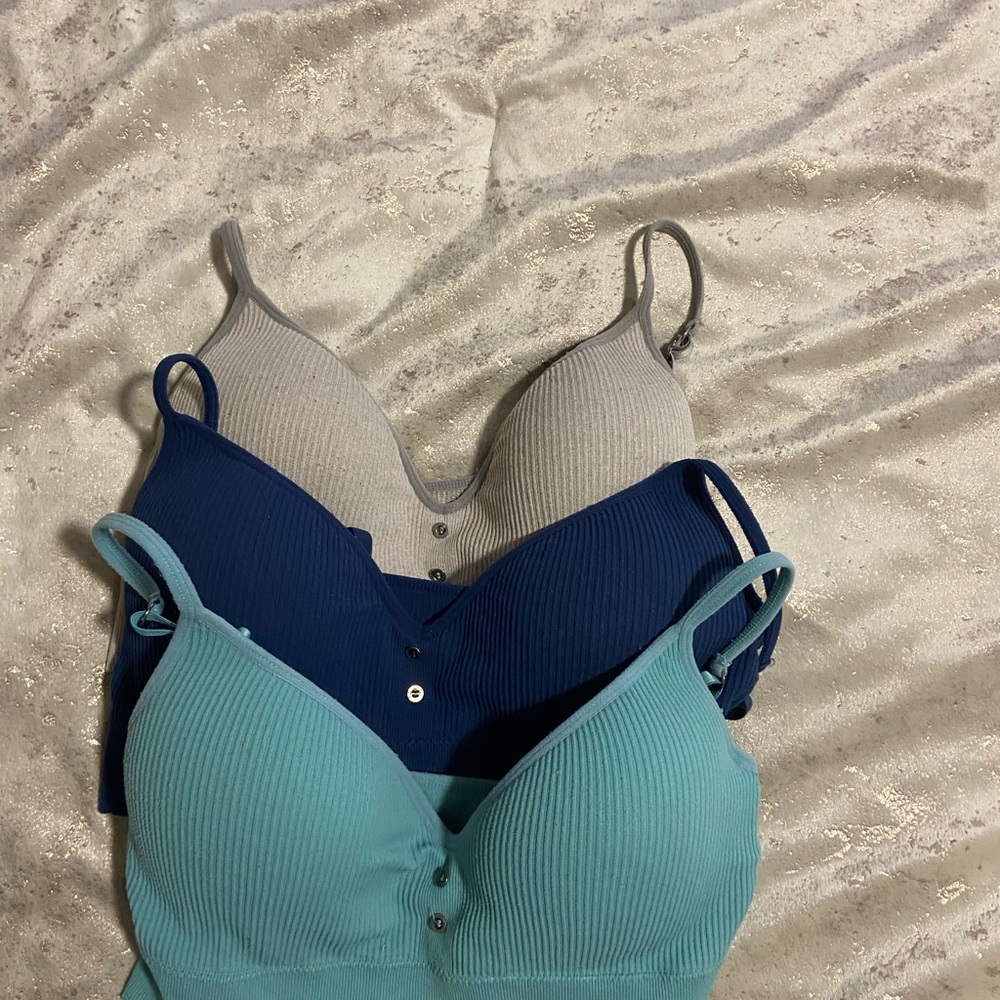 Lucky Brand Ribbed Bralette Trio - Teal, Navy, Gray